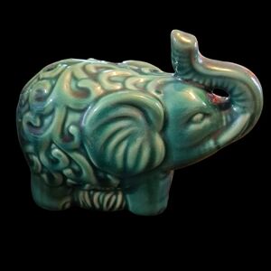 Teal Green Ceramic Elephant Figurine With Trunk Up